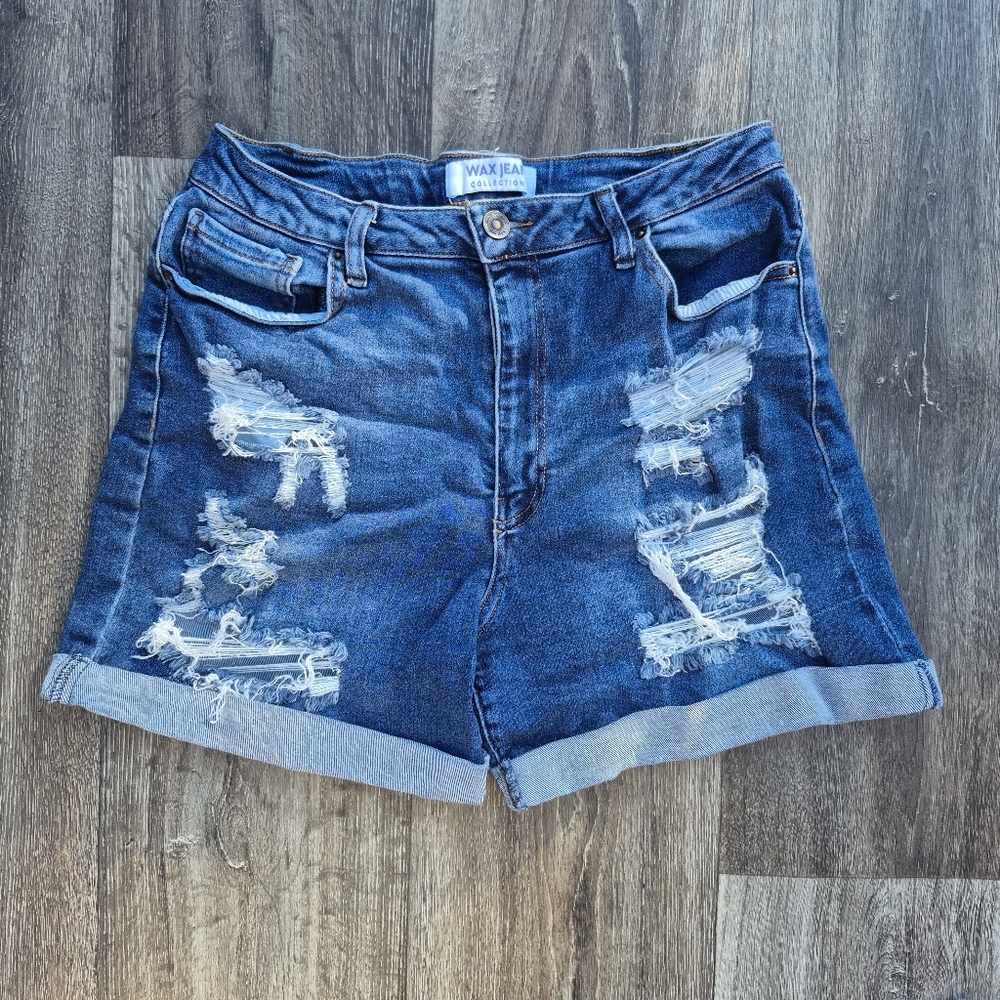 Distressed Ripped Blue Denim Shorts Stretch Womens Size L Summer